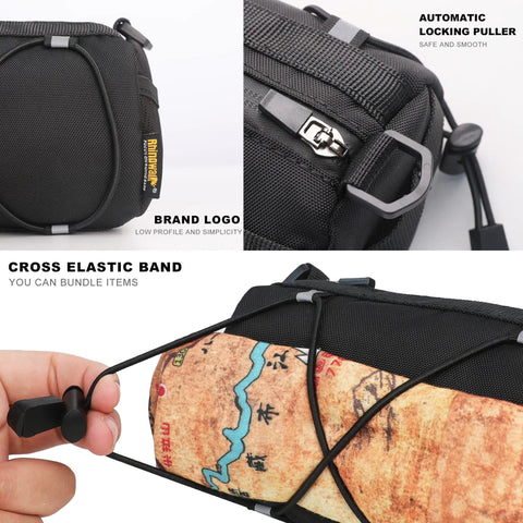 Close-up of bike handlebar bag with automatic locking puller and cross elastic band for storage
