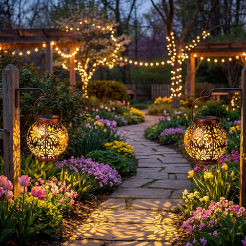 Two Pack Outdoor Solar Hanging Lantern Lights With Handle Waterproof Tabletop LED Moroccan Style Metal Garden Lanterns For Patio Lawn Porch Backyard Dope Lighting illuminating a garden pathway