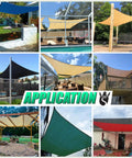 Collage of Beige 8x12 Rectangle Sun Shade Sails with UPF50 Plus 95 Percent UV Blockage, installed over patios and decks.