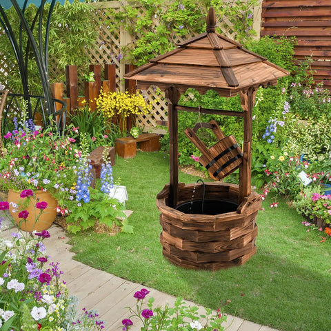 Rustic Wishing Well Outdoor Fountain With Electric Pump, freestanding wooden water feature in a garden setting