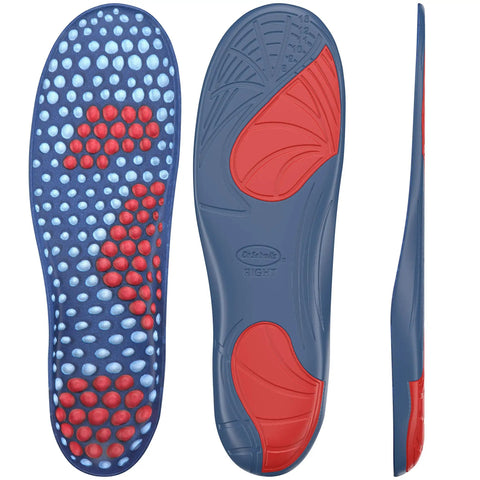 Sore Soles Pain Relief Orthotics For Men And Women, Cushioned Insoles with Trim To Fit Design, Blue and Red Color, Three Angles