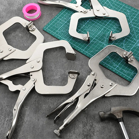 Workhorse 11 Inch Locking C Clamps 4 Pack Heavy Duty Steel With Swivel Jaw Pad One Hand Quick Release Mechanism on workspace.