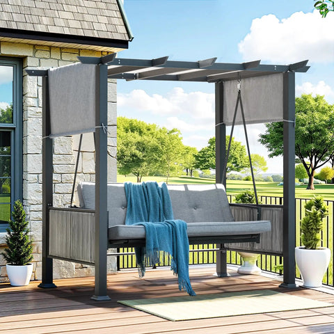 Three Seat Porch Swing With Stand And Cozy 990 LB Capacity 2 In 1 Convertible Bed And Swing Canopy Adjustable Outdoor Wicker Side Panels Cushioned Patio Chair For Backyard Porch Garden Gray