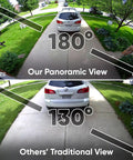 Comparison image of 180° wide view versus 130° traditional view for Floodlight Security Camera Pro With 2.5K HD Color Night Vision, 180 Degree Wide View, 3000 Lumen LEDs, Motion Alerts, Outdoor Weatherproof Surveillance, Alexa And Google Home Compatible, Editors' Choice