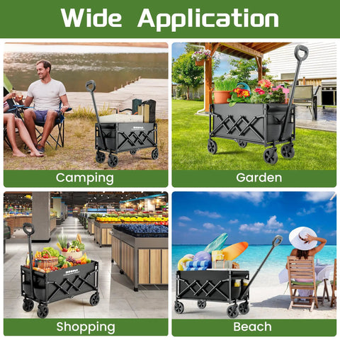 Heavy Duty Foldable Wagon Cart With All Terrain Wheels Telescoping Handle And Cup Holders 220 Lb Capacity Collapsible Utility Wagon For Beach Garden Groceries And Camping in various settings: camping, garden, shopping, beach.