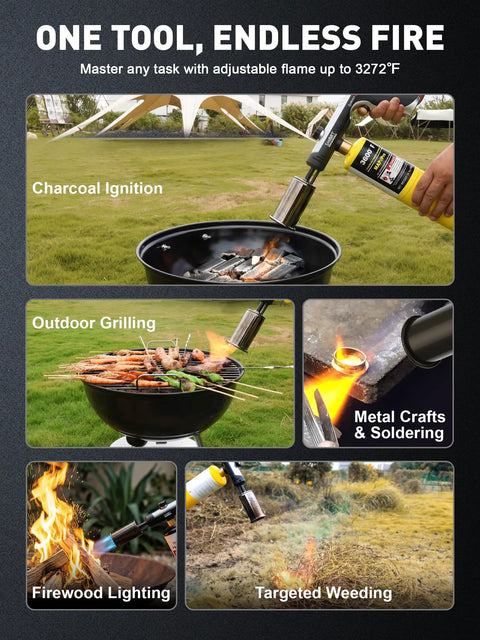 Propane Torch Gun With Adjustable Flame For Searing Charcoal Lighting And BBQ Grilling in various uses including grilling and lighting.