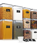 9 stackable BPA-free containers with labels filled with flour, pasta, rice, and more. 10 Piece Flour And Sugar Storage Containers with Airtight Lids