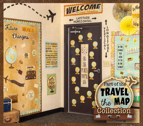 Classroom decorated with Travel The Map Straight Rolled Border Trim For Classrooms And Offices 50Ft Jazz Up Bulletin Boards.