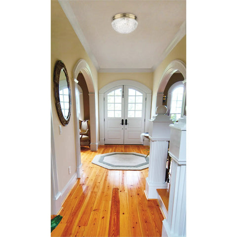 Two Light Flush Mount Ceiling Fixture With Clear Faceted Glass And White Finish in a bright hallway setting
