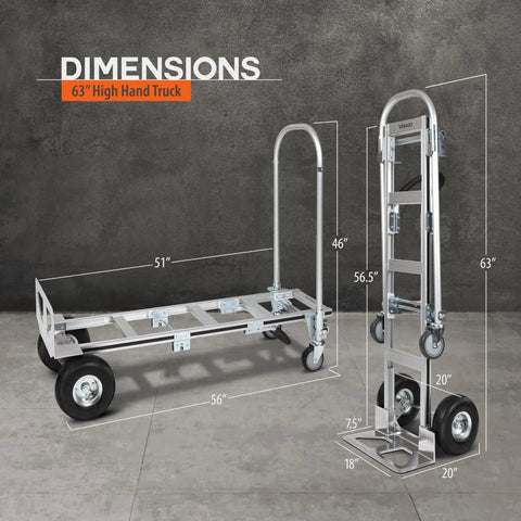 AS7B Heavy Duty Aluminum Hand Truck 2 In 1 Convertible Dolly, 800 Lb Capacity, 63 inch high beveled nose plate dimensions