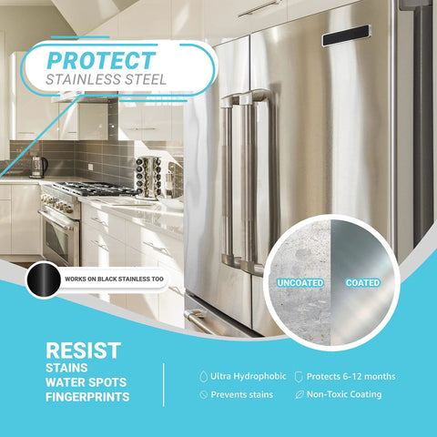 Ceramic Coating Spray Kit For Kitchen And Bathroom Surfaces That Repels Stains Smudges Water Spots And Soap Scum shown on fridge