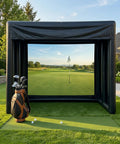 Inflatable Golf Simulator Tent 10x13x10 Ft for indoor outdoor practice with projection screen in backyard setup.