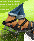 Person wearing Spring Base Lawn Aerator Shoes with dual layer spiked bottom and adjustable straps for garden yard care