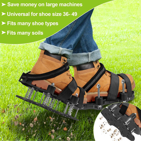 Person wearing Spring Base Lawn Aerator Shoes with dual layer spiked bottom and adjustable straps for garden yard care