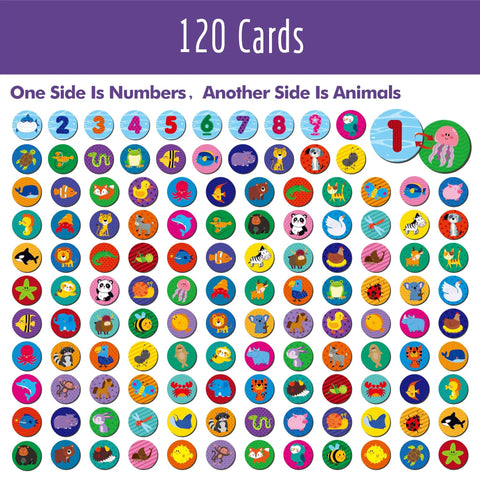 120 Math Games Round Cards For Kids Add Subtract Fun And Easy with numbers one side, animals on the other, educational toy.