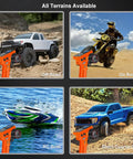 Four RC models featuring off-road truck, motocross bike, RC boat, and short course car, showcasing 8 Channel 2.4GHz RC Transmitter With Receiver For 1/8 1/10 1/18 1/24 RC Crawlers And Boats, Dope Long Range Up To 300m Ground And 800m Air, Works With 2.4GHz Receivers, Ideal Upgrades For TRX4 TRX4M SCX10 SCX24 in various terrains.