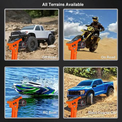 Four RC models featuring off-road truck, motocross bike, RC boat, and short course car, showcasing 8 Channel 2.4GHz RC Transmitter With Receiver For 1/8 1/10 1/18 1/24 RC Crawlers And Boats, Dope Long Range Up To 300m Ground And 800m Air, Works With 2.4GHz Receivers, Ideal Upgrades For TRX4 TRX4M SCX10 SCX24 in various terrains.