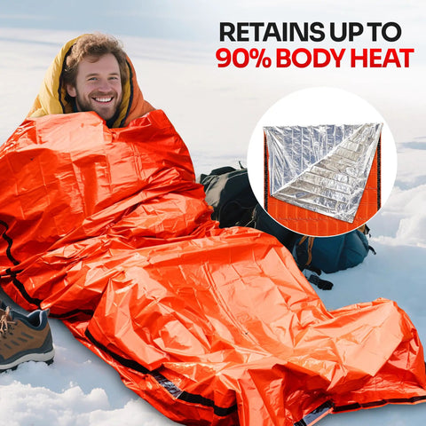 Person using Emergency Sleeping Bag 1 Pack For Survival Gear Waterproof Mylar Bivy Sack Emergency Blanket for outdoor warmth on snow.