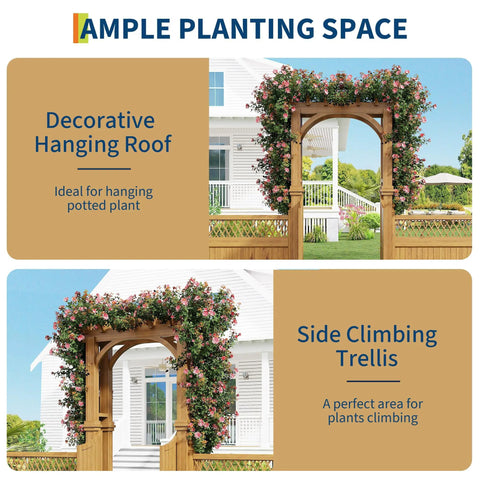 Wooden Garden Arbor with Gate and Trellis for Climbing Plants and Plant Stand Outdoor Arch Trellis Yard Decor Perfect for a Chill and Welcoming Backyard Entryway Easy Install showcasing decorative roof and side trellis.