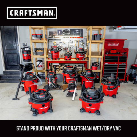 Craftsman wet/dry vacuums displayed in a workshop with various sizes and models, showcasing versatility and brand quality.