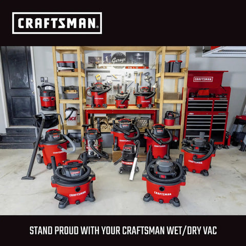 Craftsman wet/dry vacuums displayed in workshop setting, showcasing multiple sizes and models in front of shelves and toolboxes.