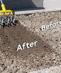 Heavy Duty Rotary Cultivator With Extra Large Tines And 74 Inch Long Handle For Soil Preparation showing soil before and after use