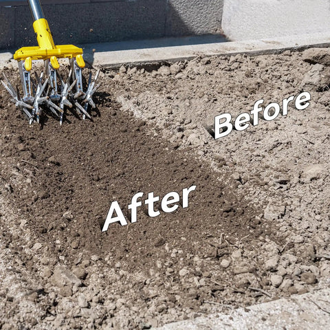 Heavy Duty Rotary Cultivator With Extra Large Tines And 74 Inch Long Handle For Soil Preparation showing soil before and after use
