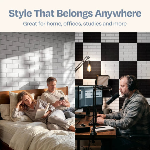 Heavy Duty Self Adhesive Acoustic Wall Panels 18 Pack 12 By 12 Inch High Density 3D Brick Noise Blocking Tiles in home and studio settings.