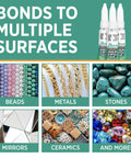 Jewelry And Metal Glue Three Pack 0.1 Oz Instant Adhesive For Jewelry Making And Repairs Waterproof Dries Clear For A Strong Permanent Bond No Drip Formula, shown with beads, metals, stones, mirrors, ceramics, and more surfaces.