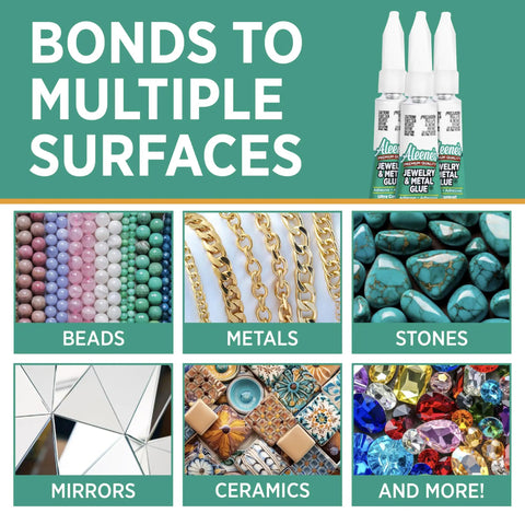 Jewelry And Metal Glue Three Pack 0.1 Oz Instant Adhesive For Jewelry Making And Repairs Waterproof Dries Clear For A Strong Permanent Bond No Drip Formula, shown with beads, metals, stones, mirrors, ceramics, and more surfaces.