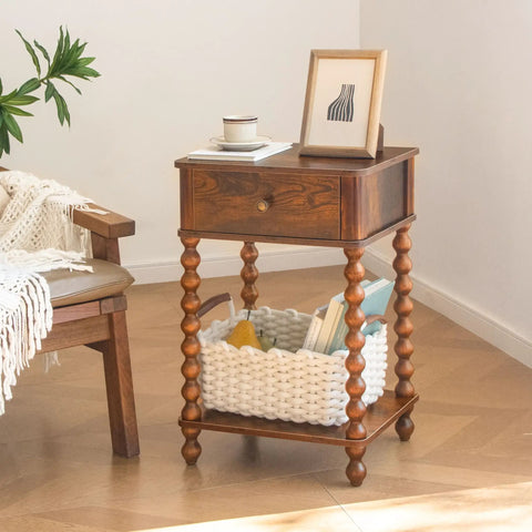 Mid Century Modern Nightstand With Drawer Rustic Walnut Finish And Spindle Wood Legs, showcasing an elegant coffee setup.