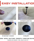 Top Shelf 50 Pack Of One Inch Iron Clavo Nails installation guide showing steps for marking, drilling, and hammering nails into wood.