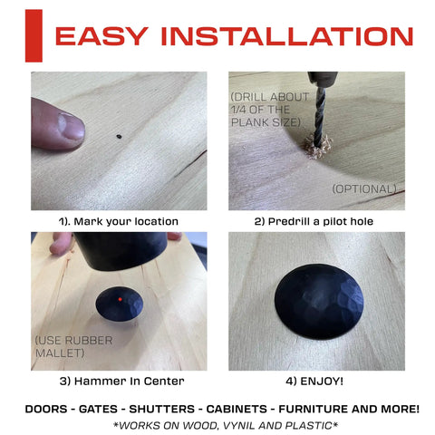 Top Shelf 50 Pack Of One Inch Iron Clavo Nails installation guide showing steps for marking, drilling, and hammering nails into wood.