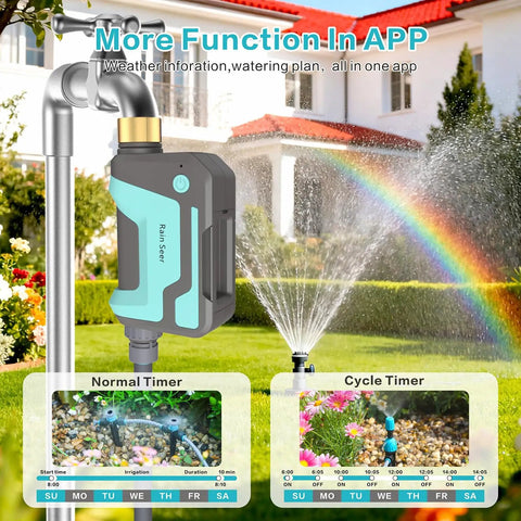 WiFi Sprinkler Timer With 1666 Feet RF Gateway For Garden And Lawn, brass inlet connected to outdoor tap with active sprinkler