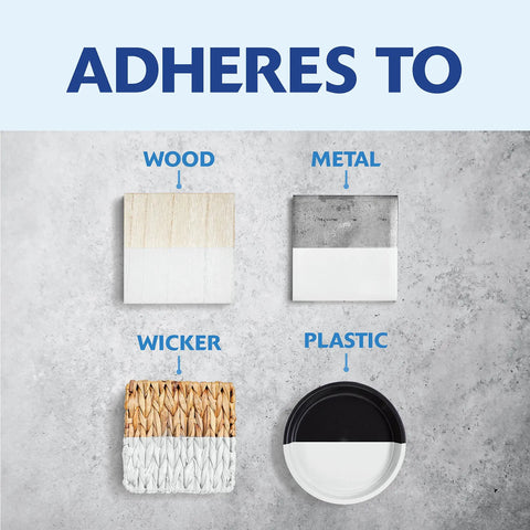 Painter's Touch Latex Paint And Primer Acrylic Flat White 32 Oz Quart adheres to wood, metal, wicker, and plastic surfaces.
