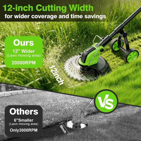 Cordless Weed Wacker With Wheels 12 Inch Cutting Path Stringless And Battery Powered shown with wide cut vs smaller model