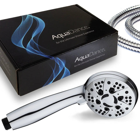 High Pressure Six Setting Handheld Showerhead With Hose 3.5 Inch Chrome Face for a powerful rinse next to packaging and hose