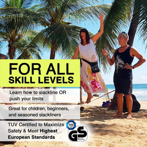 People using On-The-Go Slackline Kit With TreeWear Included on beach under palm trees, enjoying slacklining for all skill levels.