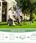 Durable 5x8 Outdoor Rug For Patio And RV Use, family with mat near camper, geometric design, Black And Gray