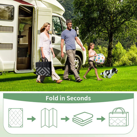 Durable 5x8 Outdoor Rug For Patio And RV Use, family with mat near camper, geometric design, Black And Gray