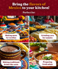 Collage showing Mexican kitchen activities: making masa for tortillas, grinding corn for tamales, atole drinks, preparing fresh salsas.