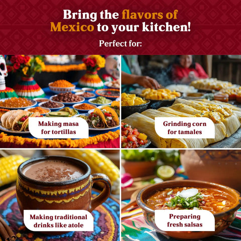 Collage showing Mexican kitchen activities: making masa for tortillas, grinding corn for tamales, atole drinks, preparing fresh salsas.