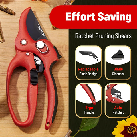 Ratchet Pruning Shears With 3X Cutting Power Heavy Duty Anvil Pruners Replaceable Blade Effort Saving Garden Shears Model DGR01