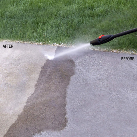 Beastly 2000 Max PSI Electric Powered Pressure Washer cleaning driveway, showing clear before and after results with 14.5 Amp Motor, 1.5 GPM.
