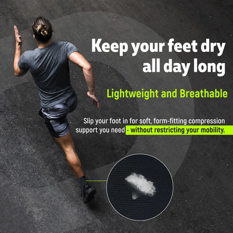 Man jogging wearing All Day Ankle Support Sleeve For Men And Women Open Toe Brace For Sprains Swelling Achilles Tendon Plantar Fasciitis Pain Relief Foot Arch Comfort And Quick Stabilization on asphalt