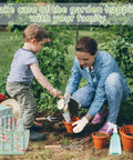 Mother and child using All In One Floral Garden Tools Set with tote bag, planting in garden with pruning shears and pots visible.
