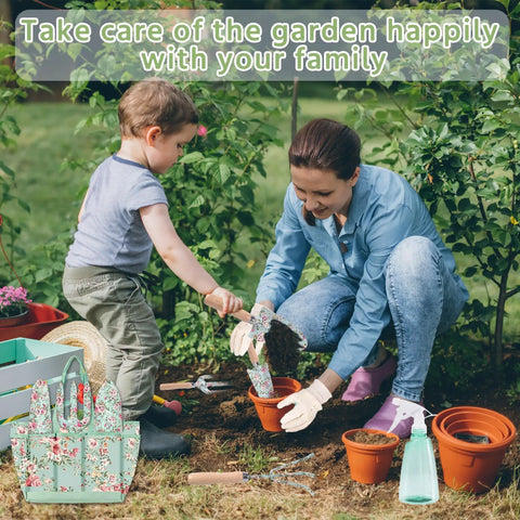 Mother and child using All In One Floral Garden Tools Set with tote bag, planting in garden with pruning shears and pots visible.