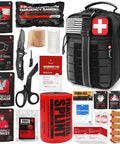 Survival first aid kit in black MOLLE tactical bag with cross patch; includes tourniquet, chest seals, gauze, scissors, and bandages