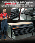 72 Inch Heavy Duty Mobile Tool Chest On Wheels With Solid Wood Top Workbench, 15 Drawer Rolling Tool Storage Organizer