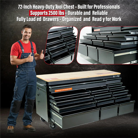 72 Inch Heavy Duty Mobile Tool Chest On Wheels With Solid Wood Top Workbench, 15 Drawer Rolling Tool Storage Organizer